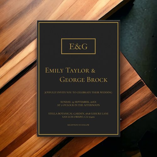 Simple Modern Black And Gold Monogram Chic Wedding Invitation