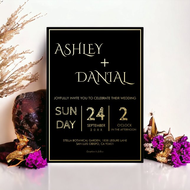 Simple Modern Black and Gold Script Chic Wedding Foil Invitation (Creator Uploaded)