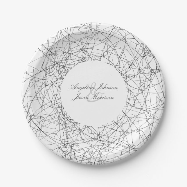 Simple Modern Black and White Artsy Wedding Paper Plates (Front)