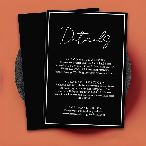 Simple Modern Black And White Chic Wedding Details Enclosure Card