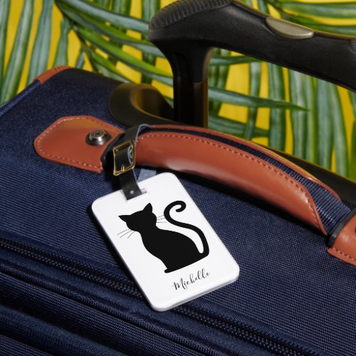 Simple Modern Black and White Cute Black Cat Luggage Tag