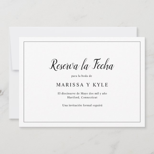 Simple Modern Black and White Elegant Spanish Save The Date (Front)