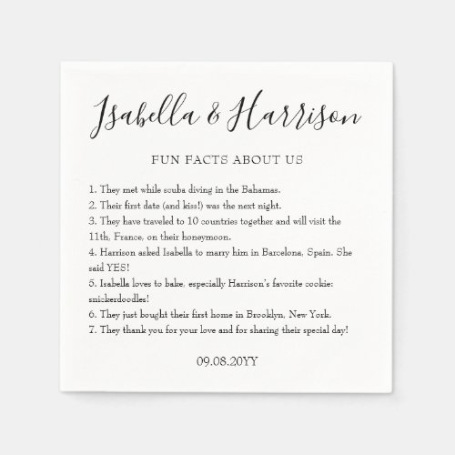 Simple Modern Black and White Fun Facts Wedding Napkins