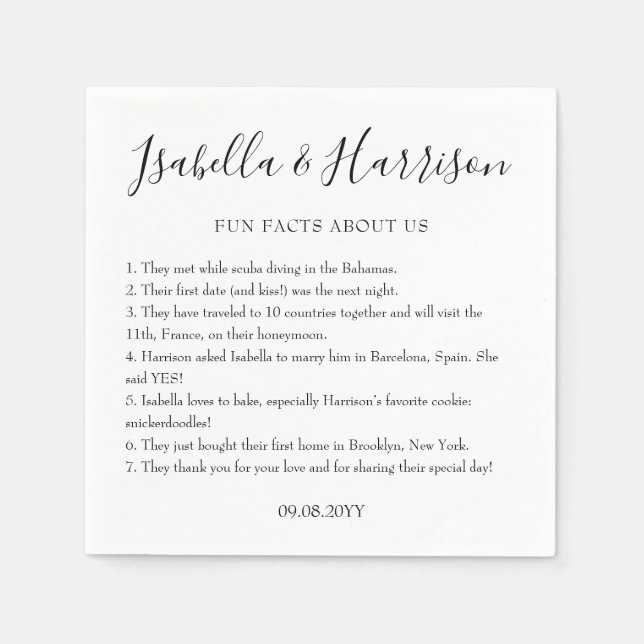 Simple Modern Black and White Fun Facts Wedding Napkins (Front)