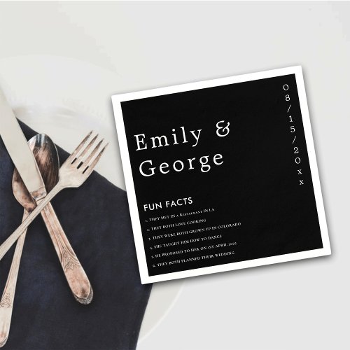 Simple Modern Black And White Fun Facts Wedding Napkins