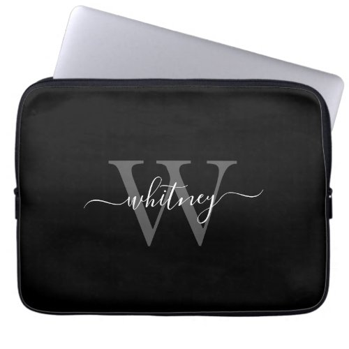 Simple Modern Black and White Monogram Initial Laptop Sleeve