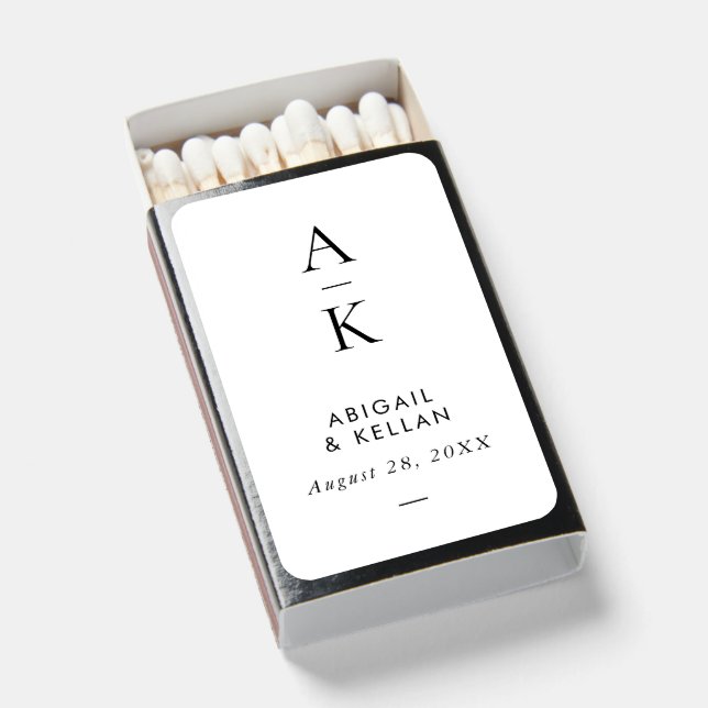 Simple Modern Black and White Monogram Wedding Matchboxes (Front Open)