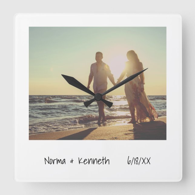 Simple Modern Black and White Newlywed Photo Square Wall Clock (Front)