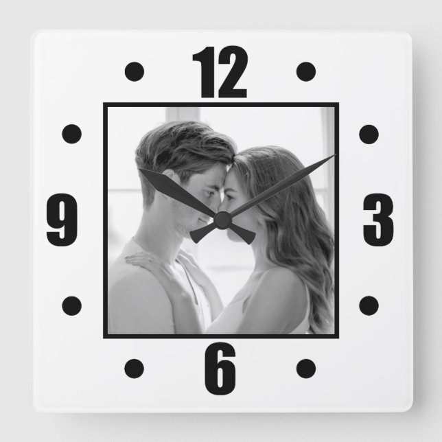 Simple Modern Black And White Photo Square Wall Clock (Front)