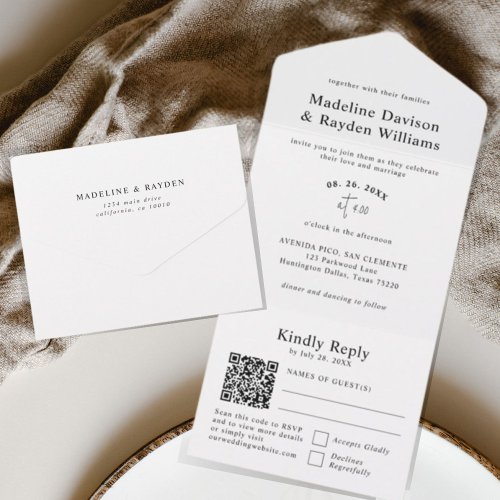 Simple Modern Black and White QR Code Wedding All In One Invitation