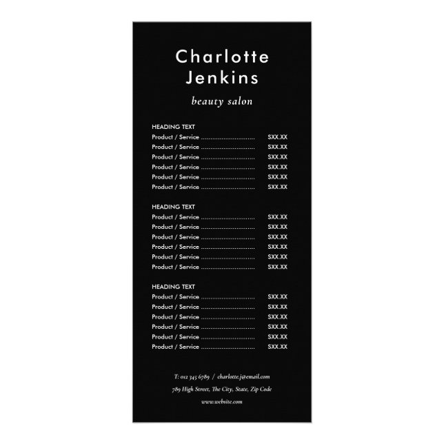 Simple Modern Black and White Salon Service Menu (Front)