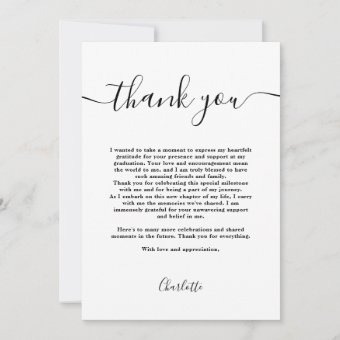 Simple modern Black and white script graduation Thank You Card | Zazzle