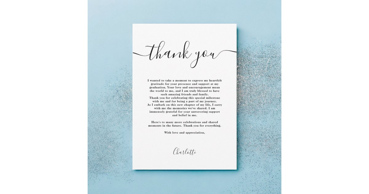 Simple modern Black and white script graduation Thank You Card | Zazzle