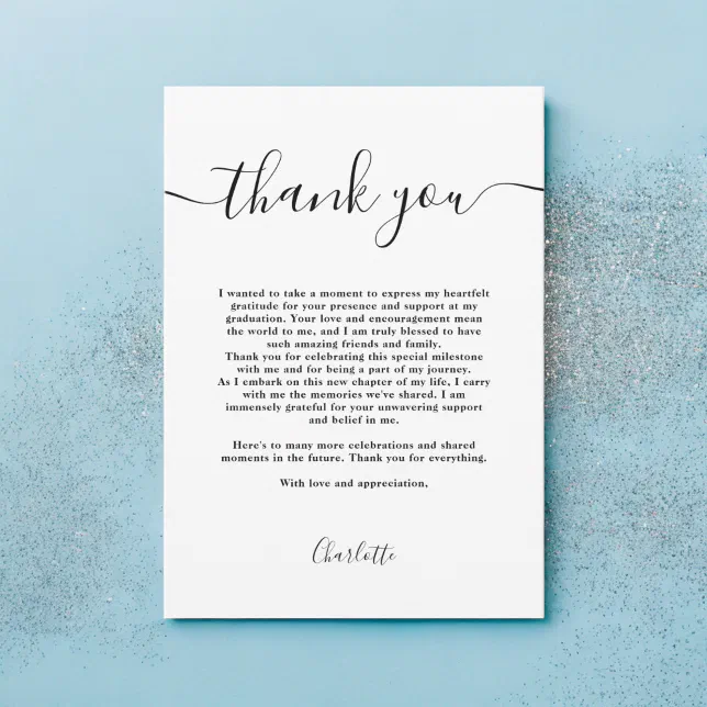 Simple modern Black and white script graduation Thank You Card | Zazzle