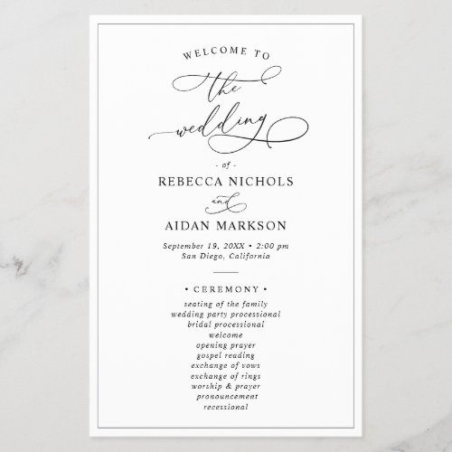 Simple Modern Black and White Wedding Program - Designed to coordinate with our Classic BnW wedding collection, this customizable Ceremony program card, features a sweeping script calligraphy text paired with a classy serif font in black. Background & text colours can be changed to match any color theme. Matching items available.