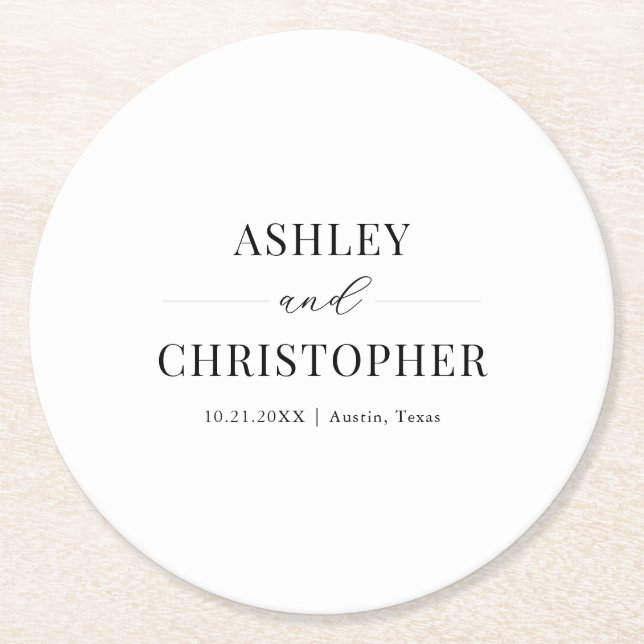 Simple Modern Black and White Wedding Round Paper Coaster (Front)