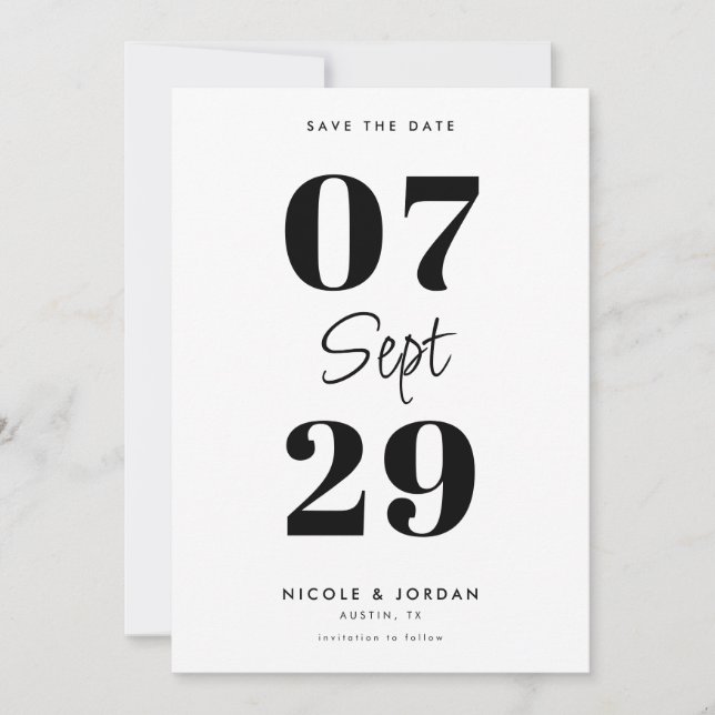 Simple Modern Black and White Wedding Save The Date (Front)