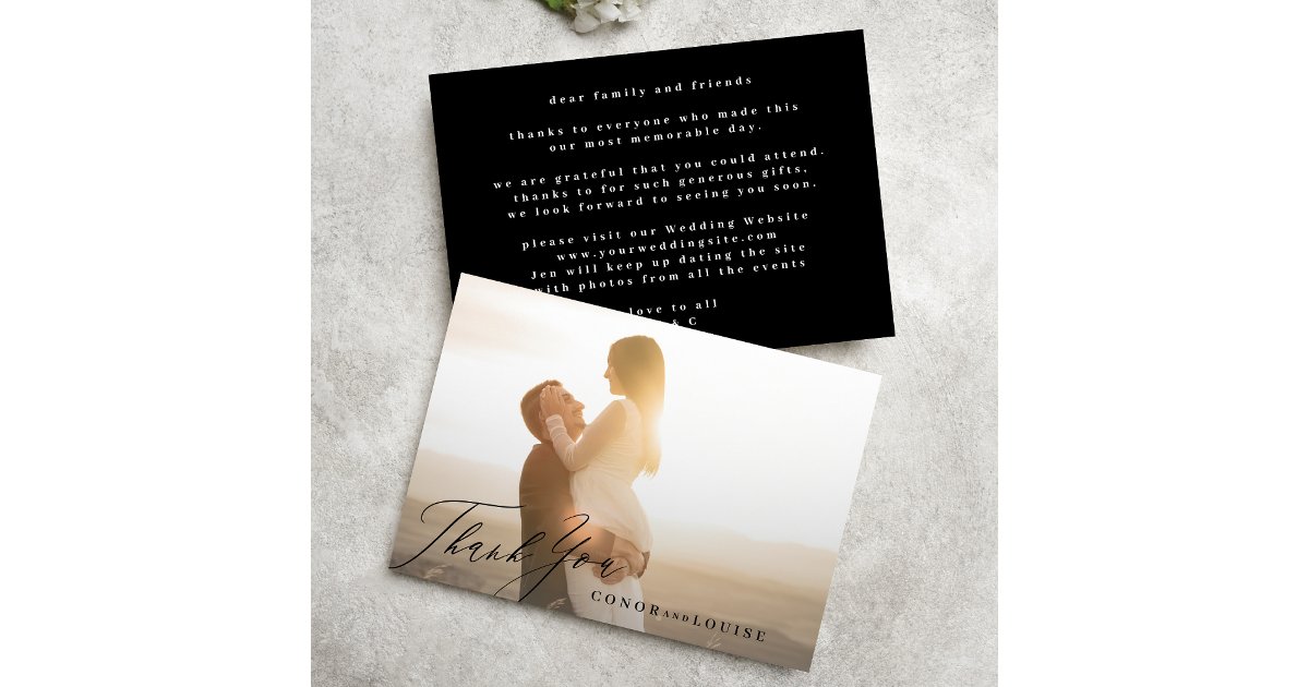 Simple Modern Black Calligraphy Wedding Photo Thank You Card | Zazzle