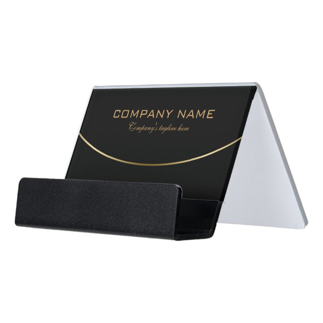 Simple Modern Black & Gold Geometric Design Desk Business Card Holder (Angled Front)