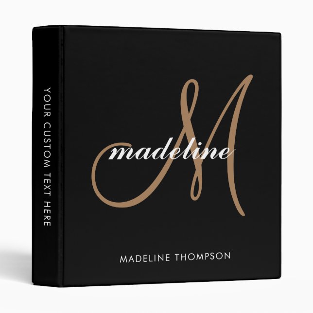 Simple Modern Black Gold Gray Script Monogram 3 Ri Ring Binder (Front/Spine)