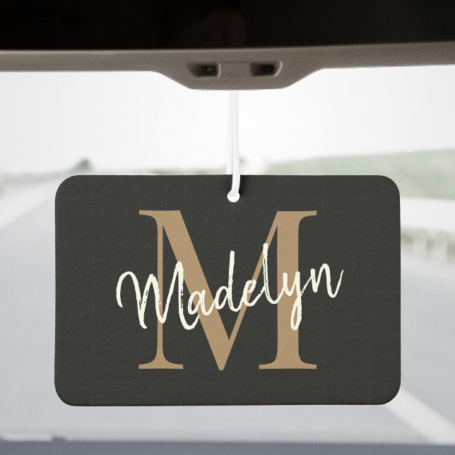 Simple Modern Black Gold Monogram Chic Script Name Air Freshener (Creator Uploaded)
