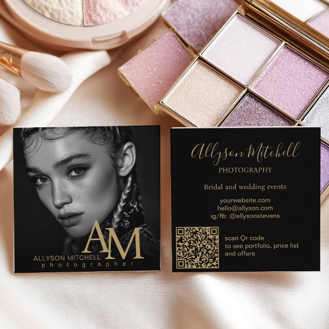 Simple Modern Black Gold Photo QR Photography Square Business Card (Simple Modern Black Gold Photo QR Photography Square Business Card)