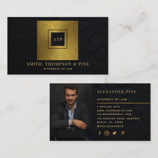 Simple Modern Black Gold Square Professional Photo Business Card (Front/Back)