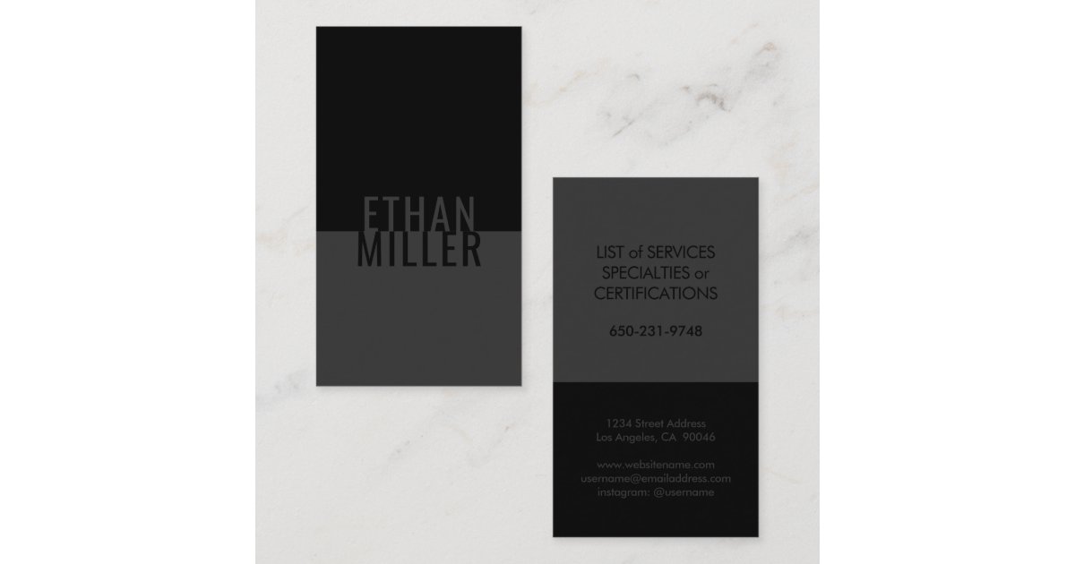 Simple Modern Black Grey Vertical Plain Minimalist Business Card | Zazzle