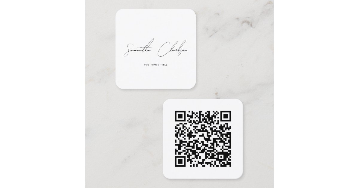 Simple Modern Black Handwritten Script & QR Code Square Business Card ...