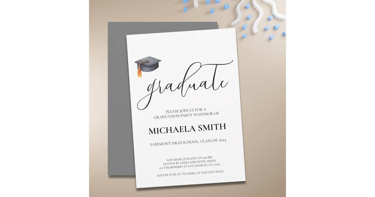 Simple Modern Black High School Graduation Party Invitation | Zazzle