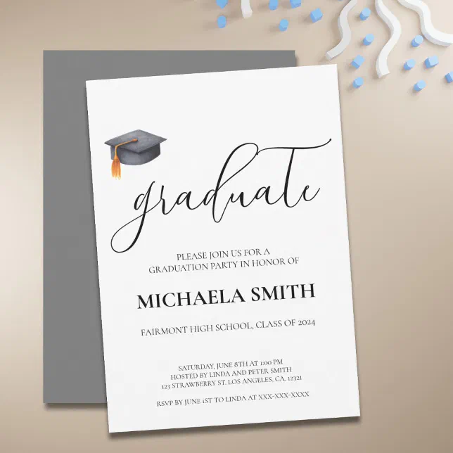 Simple Modern Black High School Graduation Party Invitation | Zazzle
