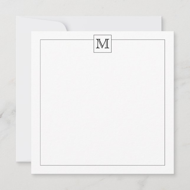 Simple Modern Black Initial Monogram Square border Note Card (Front)
