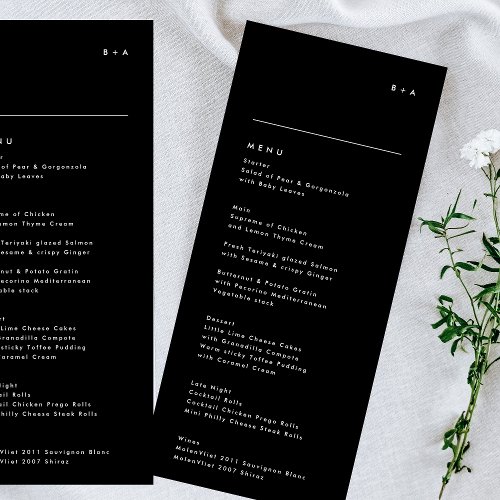 Simple Modern Black Onyx Tuxedo Monogram Wedding Menu