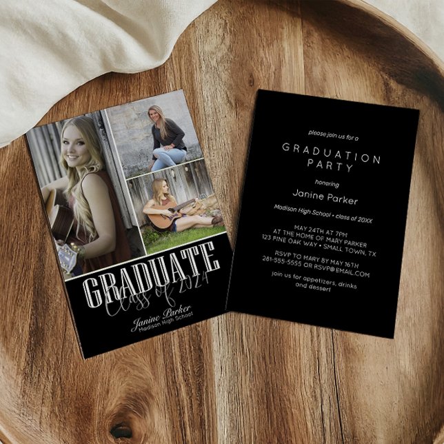 Simple Modern Black Photo Graduation Party Invitation (Creator Uploaded)