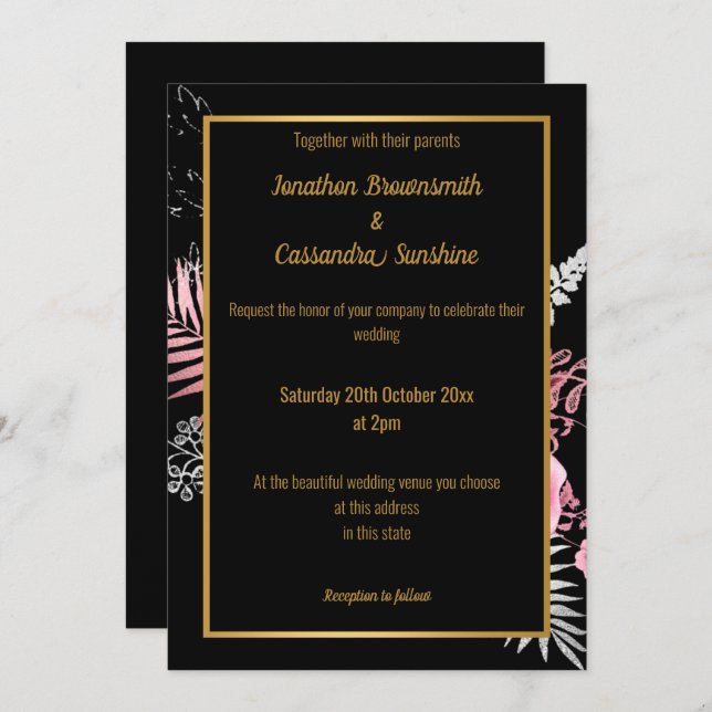 SIMPLE MODERN BLACK PINK GOLD FLORAL WEDDING INVITATION (Front/Back)