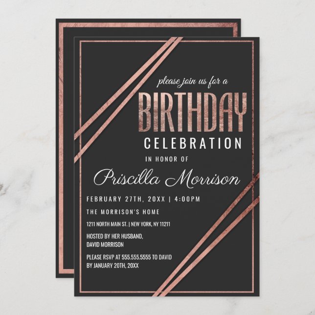 Simple Modern Black Rose Gold Chic Linear Birthday Invitation (Front/Back)