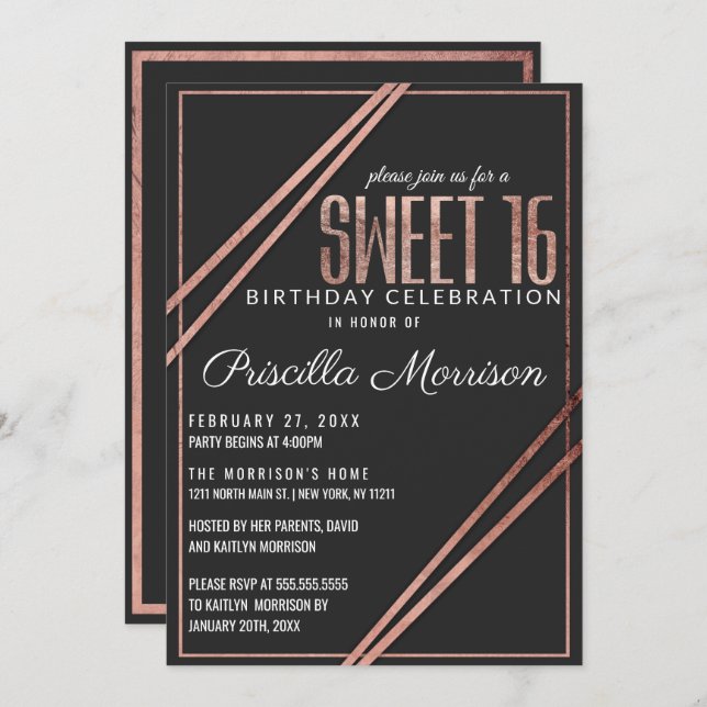 Simple Modern Black Rose Gold Chic Linear Sweet 16 Invitation (Front/Back)