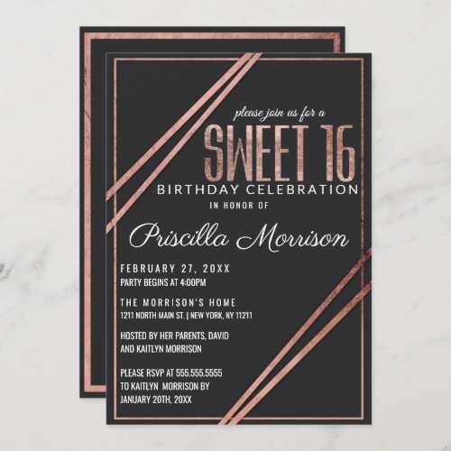 Simple Modern Black Rose Gold Chic Linear Sweet 16 Invitation