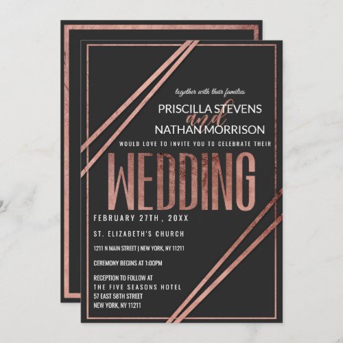 Simple Modern Black Rose Gold Chic Linear Wedding Invitation