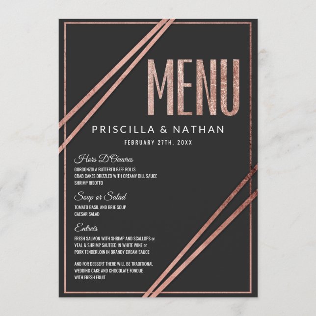 Simple Modern Black Rose Gold Chic Linear Wedding Menu (Front)