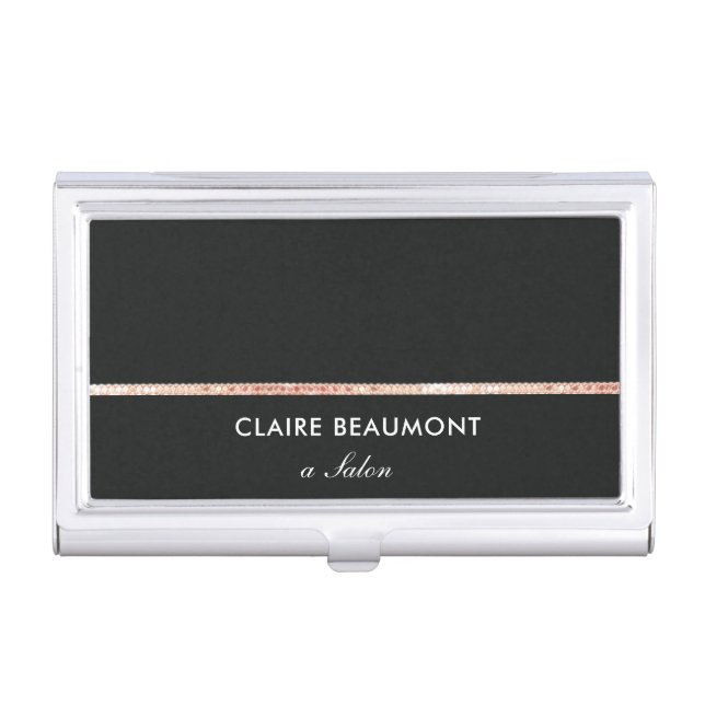 Simple Modern Black Rose Gold Sequin Business Card Case (Front)