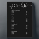 Simple Modern Black Salon Price List Service Plaque<br><div class="desc">Customize this simple modern elegant black salon price list plaque to easily create a service menu for your business. Place on your table, shelf, or counter. Perfect for hair salons, nail salons, lash extension and makeup artist services, beauty bars, spas, esthetician services and more! Use the customize tool to change...</div>