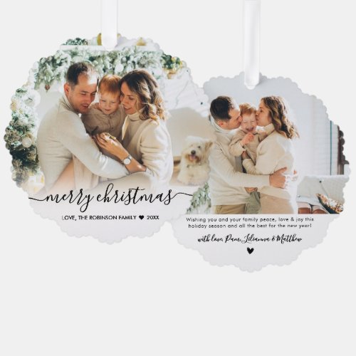 Simple Modern Black Script 2 Photo Christmas Ornament Card