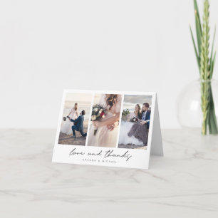 Simple Modern Black Script Photo Collage Wedding Letterpress Thank You Card