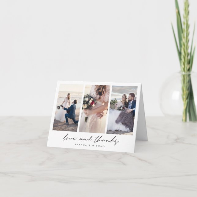 Simple Modern Black Script Photo Collage Wedding Letterpress Thank You Card (Front)