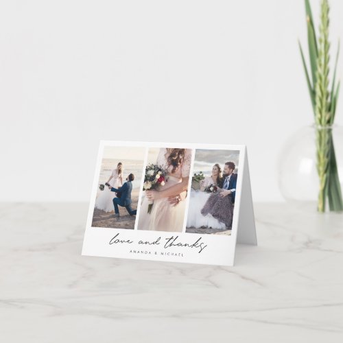 Simple Modern Black Script Photo Collage Wedding Thank You Card