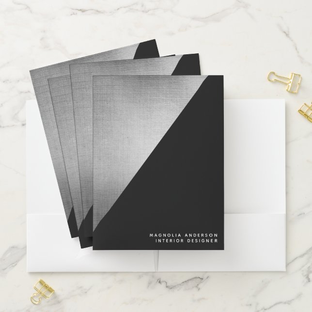 Simple Modern Black Silver Geometric Brushed Metal Pocket Folder (In Situ)