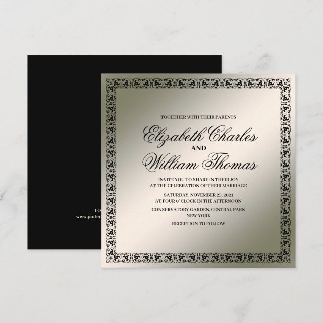 Simple Modern Black & Silver Wedding Invitation (Front/Back)