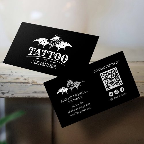 Simple Modern Black Tattoo Artist Dragon QR Code Business Card