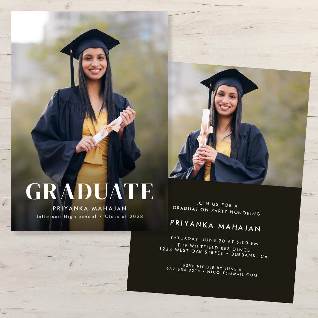 Simple Modern Black Two Photo Graduation Party Invitation (Creator Uploaded)